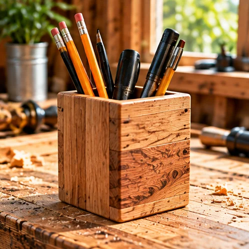 AI-generated illustration of desk pencil holder on a rustic woodworking bench