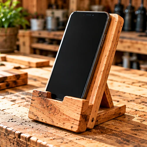 AI-generated illustration of phone stand on a rustic woodworking bench
