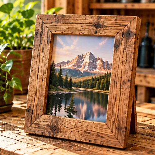AI-generated illustration of simple picture frame on a rustic woodworking bench