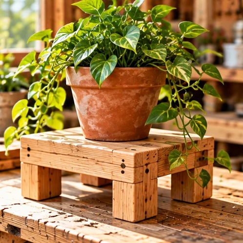 AI-generated illustration of plant riser on a rustic woodworking bench