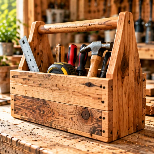 AI-generated illustration of small tool tote on a rustic woodworking bench