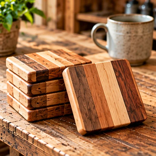 AI-generated illustration of wooden coasters on a rustic woodworking bench