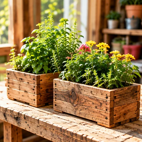 AI illustration of small wooden herb planters