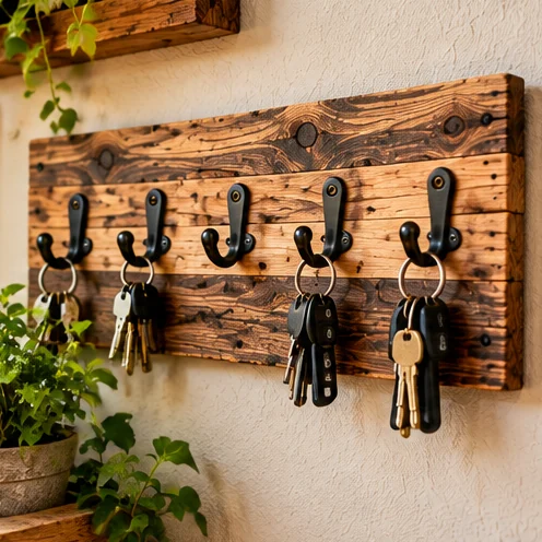 AI illustration of a reclaimed wood key rack with hooks