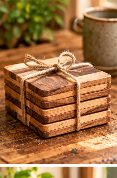 AI illustration of a handmade wooden coaster set gift