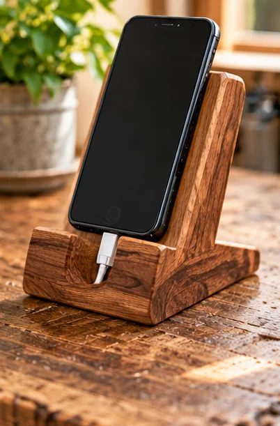 AI illustration of a handmade wooden desk phone dock gift
