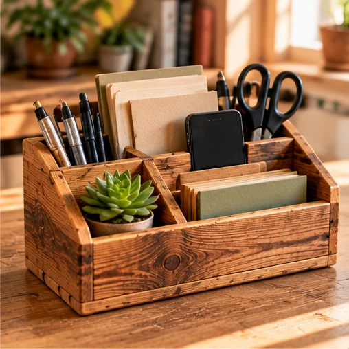 Compartmentalized wooden desktop organizer