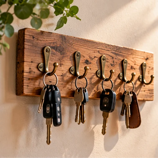 Rustic wooden entryway key rail with brass hooks and hanging keys