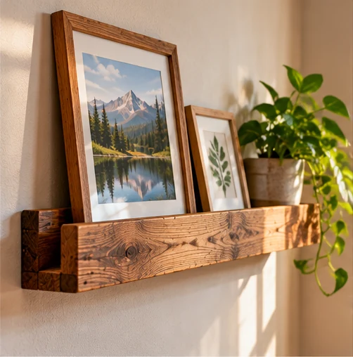 Wooden wall picture ledge holding framed artwork