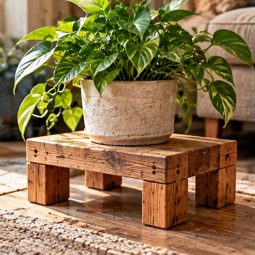 Small wooden riser holding a leafy houseplant
