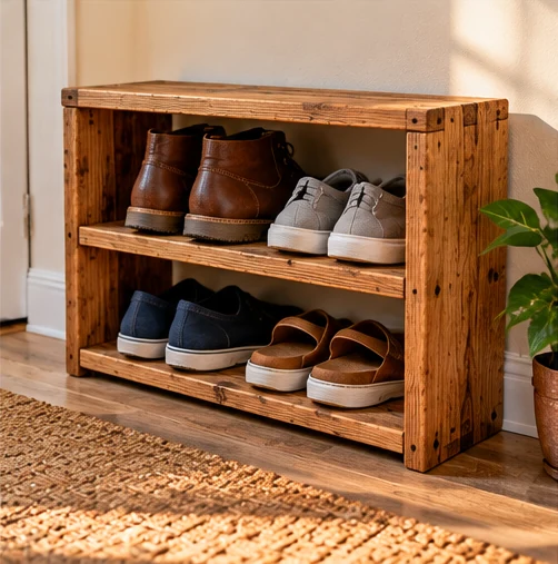 Two-tier wooden shoe shelf in entryway