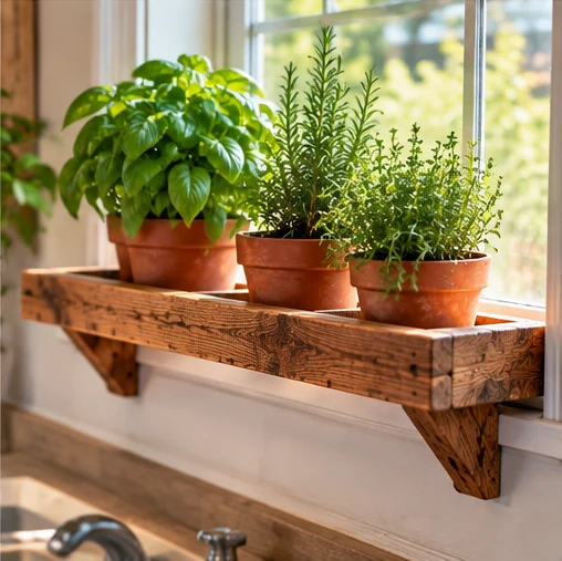 Wooden windowsill herb shelf with potted plants