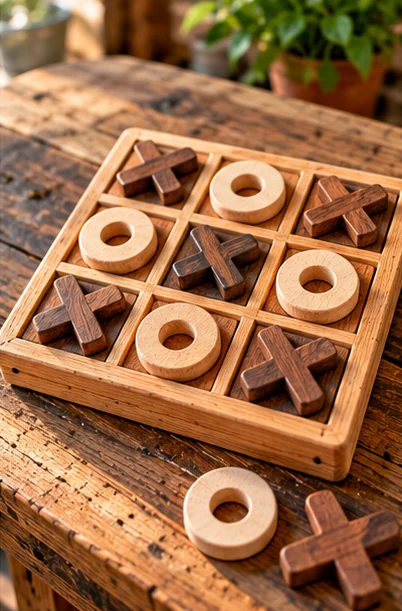 AI-generated illustration of wooden tic-tac-toe board