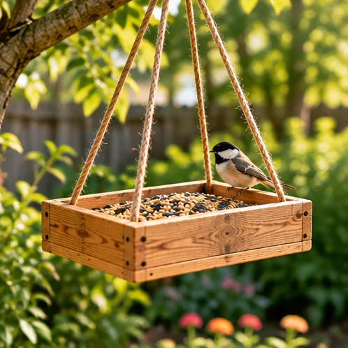 AI illustration of a handmade bird feeder tray in an outdoor setting