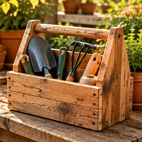 AI illustration of a handmade garden tool caddy in an outdoor setting