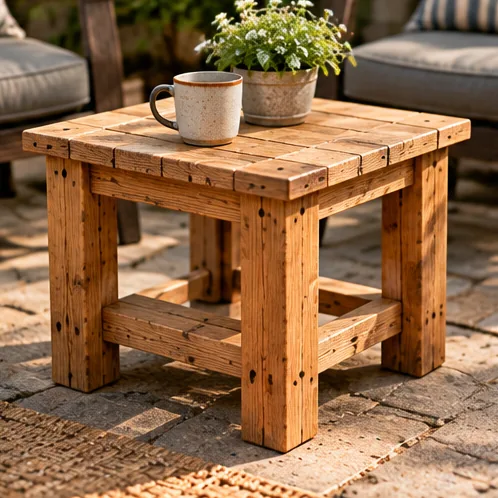 AI illustration of a handmade patio side table in an outdoor setting