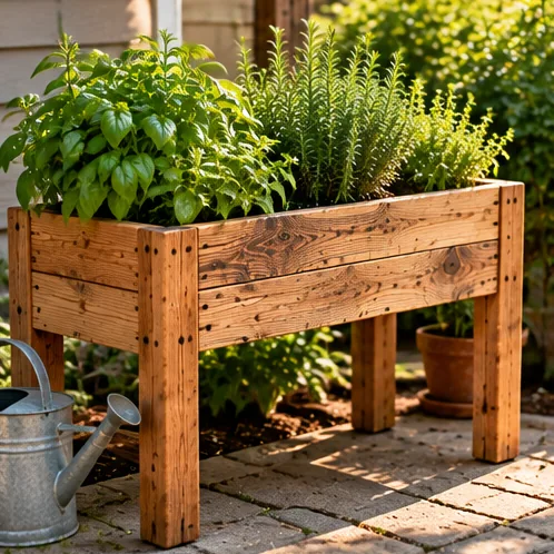 AI illustration of a handmade raised herb planter in an outdoor setting