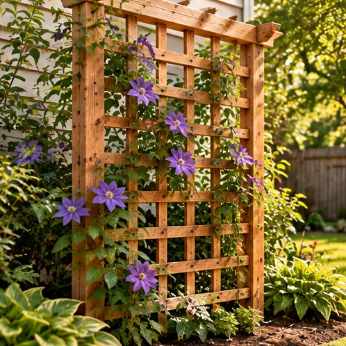 AI illustration of a handmade simple trellis panel in an outdoor setting