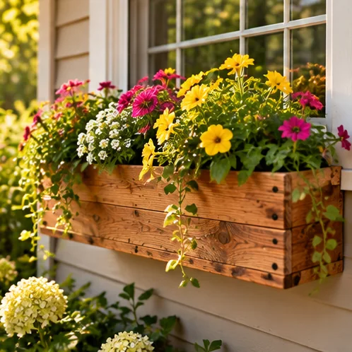 AI illustration of a handmade window flower box in an outdoor setting