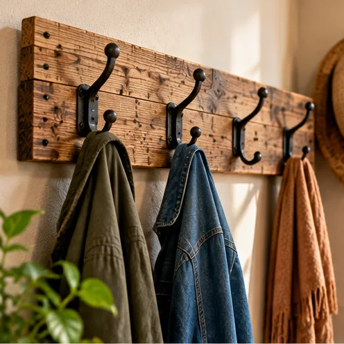 AI illustration of coat hook rail made from rustic reclaimed wood