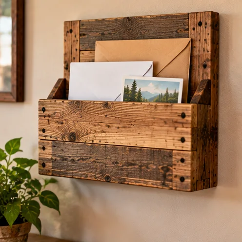 AI illustration of mail holder made from rustic reclaimed wood