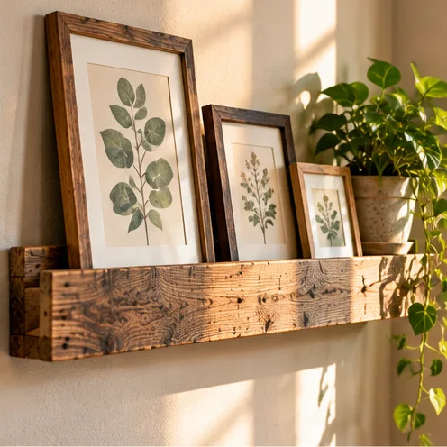 AI illustration of picture ledge made from rustic reclaimed wood