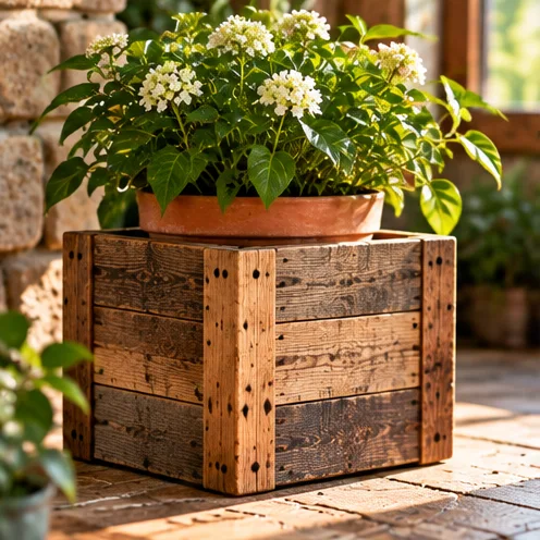 AI illustration of planter sleeve made from rustic reclaimed wood
