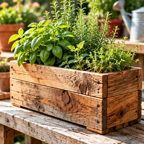 AI illustration of outdoor herb box made from reclaimed wood