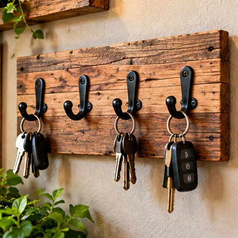 AI illustration of wall-mounted key rack made from reclaimed wood