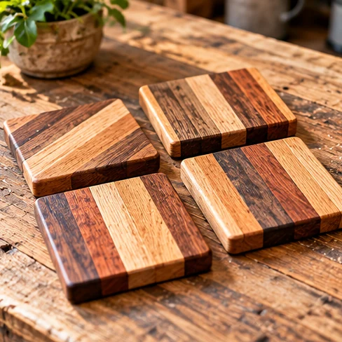 AI illustration of wooden coasters made from reclaimed wood