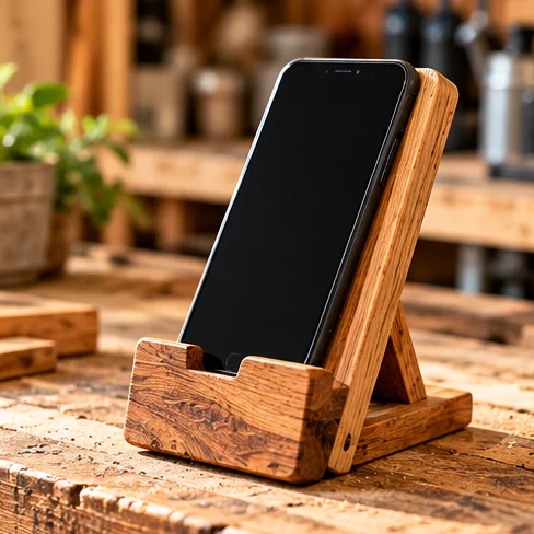 AI illustration of desk phone stand made from reclaimed wood