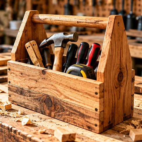 AI illustration of tool caddy made from reclaimed wood