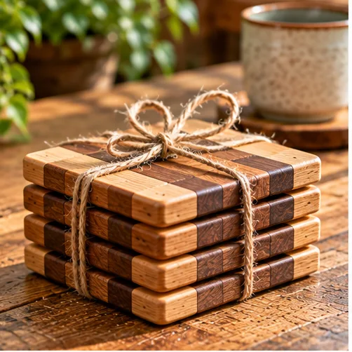 AI illustration of handmade coaster bundles in a rustic setting