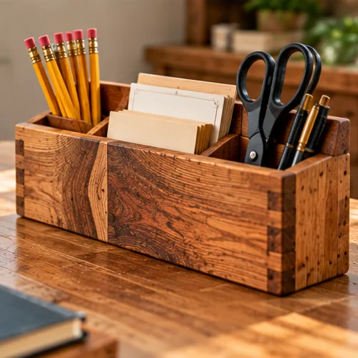 AI illustration of handmade desk organizers in a rustic setting