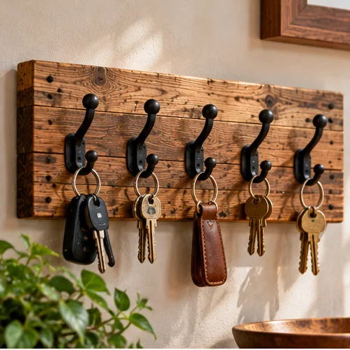AI illustration of handmade personalized key holders in a rustic setting