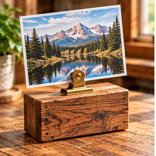 AI illustration of handmade photo holders in a rustic setting