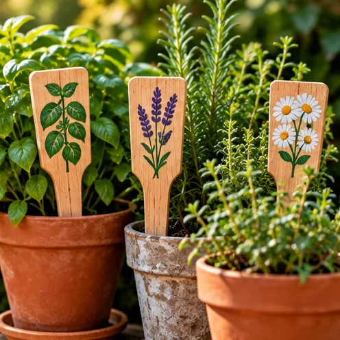 AI-generated illustration of a handmade garden markers