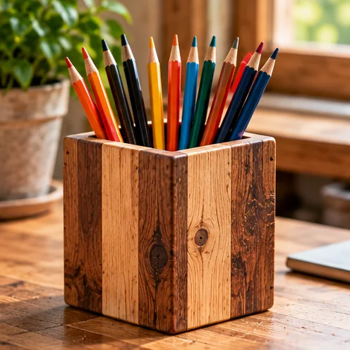 AI-generated illustration of a handmade pencil cup