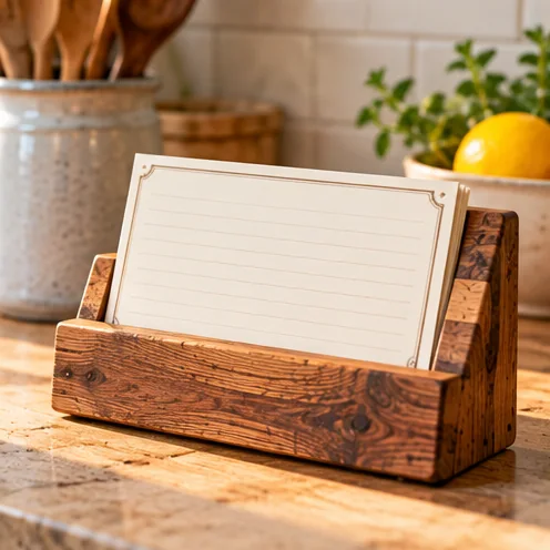 AI-generated illustration of a handmade recipe card stand