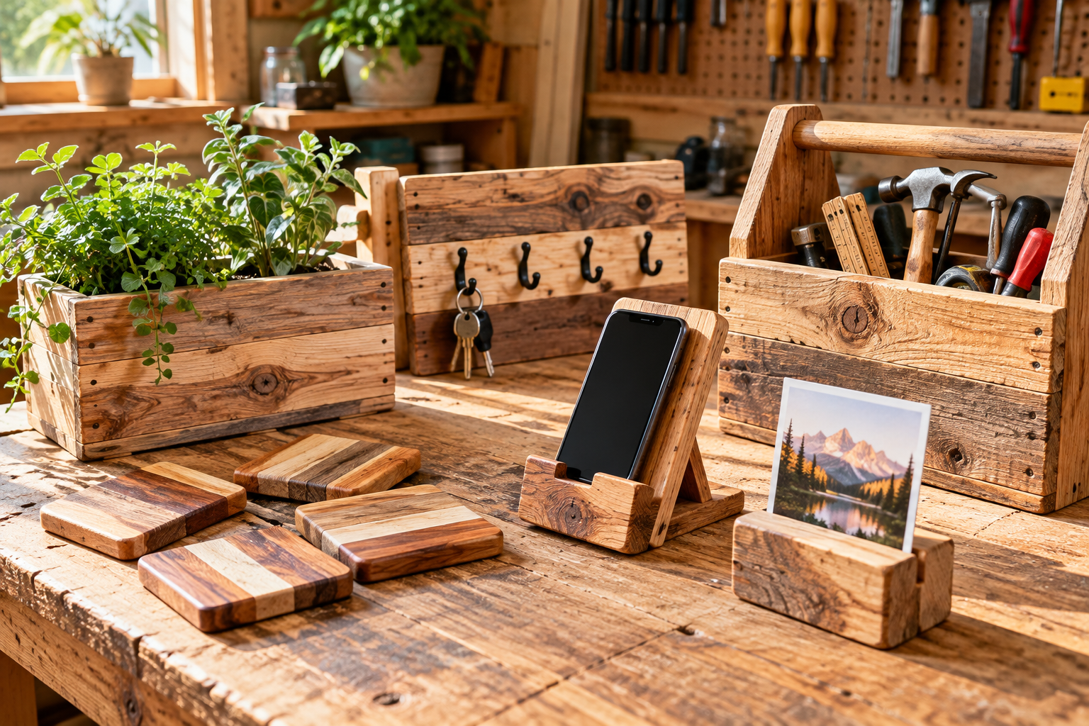 AI-generated woodworking workshop scene with handmade planters, coasters and organizers